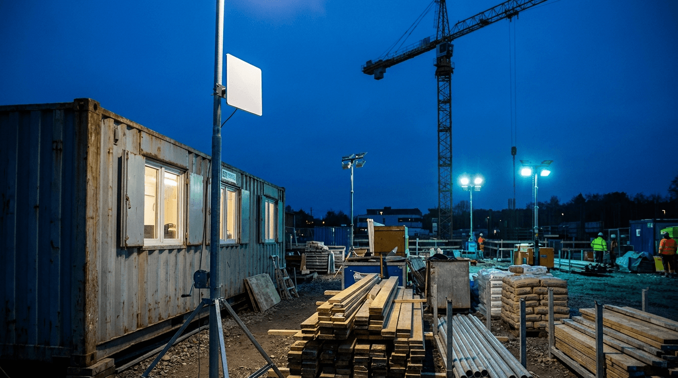 Baucontainer mit Satellitenantenne am Mast auf einer beleuchteten Baustelle