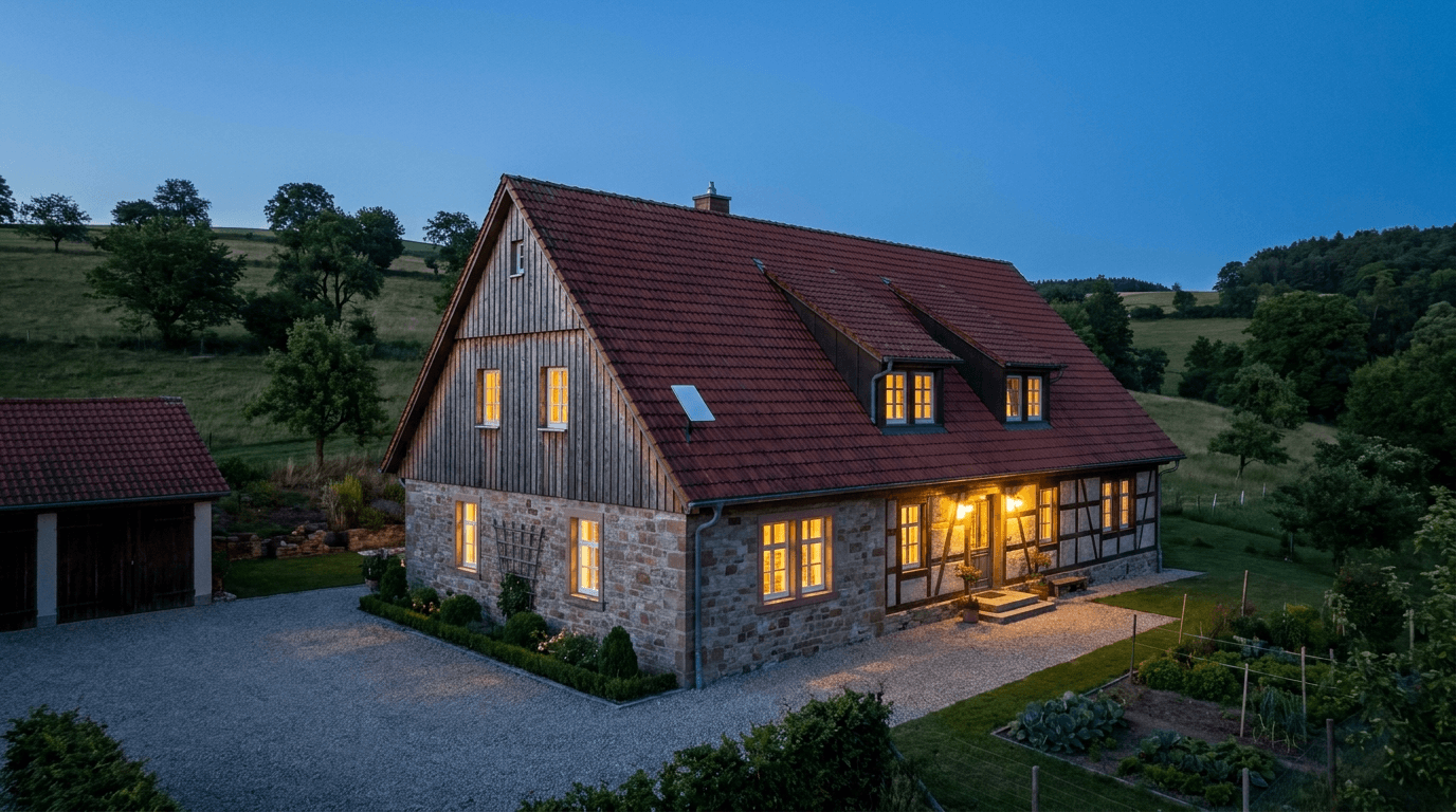 Ländliches Wohnhaus aus Bruchstein am Abend