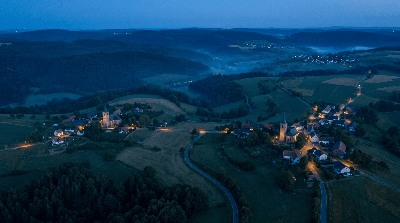 Luftbild der ländlichen Westpfalz mit verstreuten Dörfern in der Dämmerung